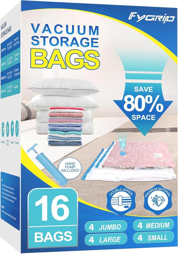 16 Pack Vacuum Storage Bags with Hand Pump, 4 Jumbo + 4 Large + 4 Medium + 4 Small Plastic Packaging Bags, 80% Space Saver Vacuum Seal Bags for Clothing, Travel Lugggage, Blankets, Comforters (16 Combo)