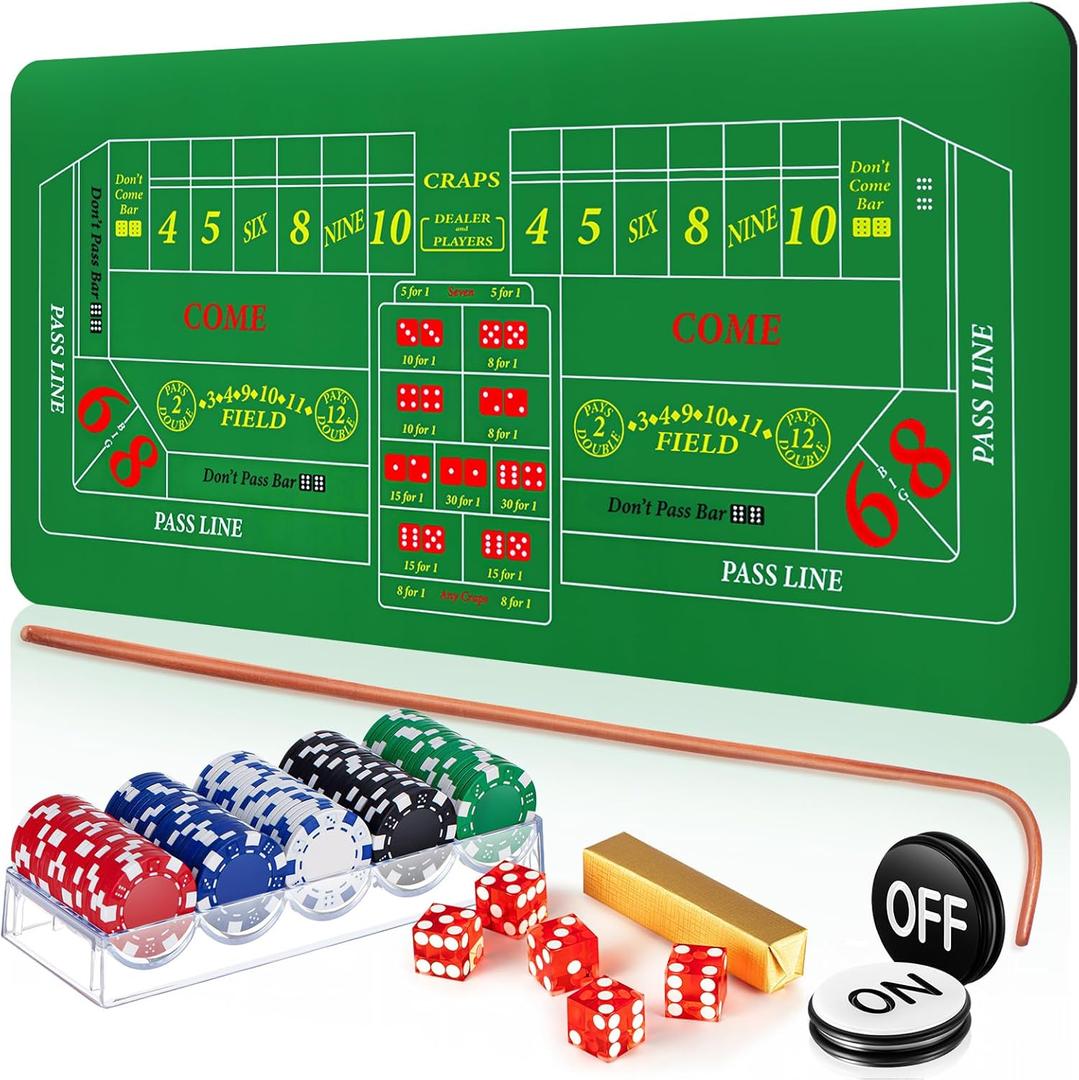 Leyndo Craps Tabletop Game Set, Includes 35" x 70" Rubber Craps Tabletop Layout Mat, 36" Rattan Stick, Casino Grade AAA 19mm Dice, 3 Inch On/Off Buttons and 100 Poker Chips with Case (Green)