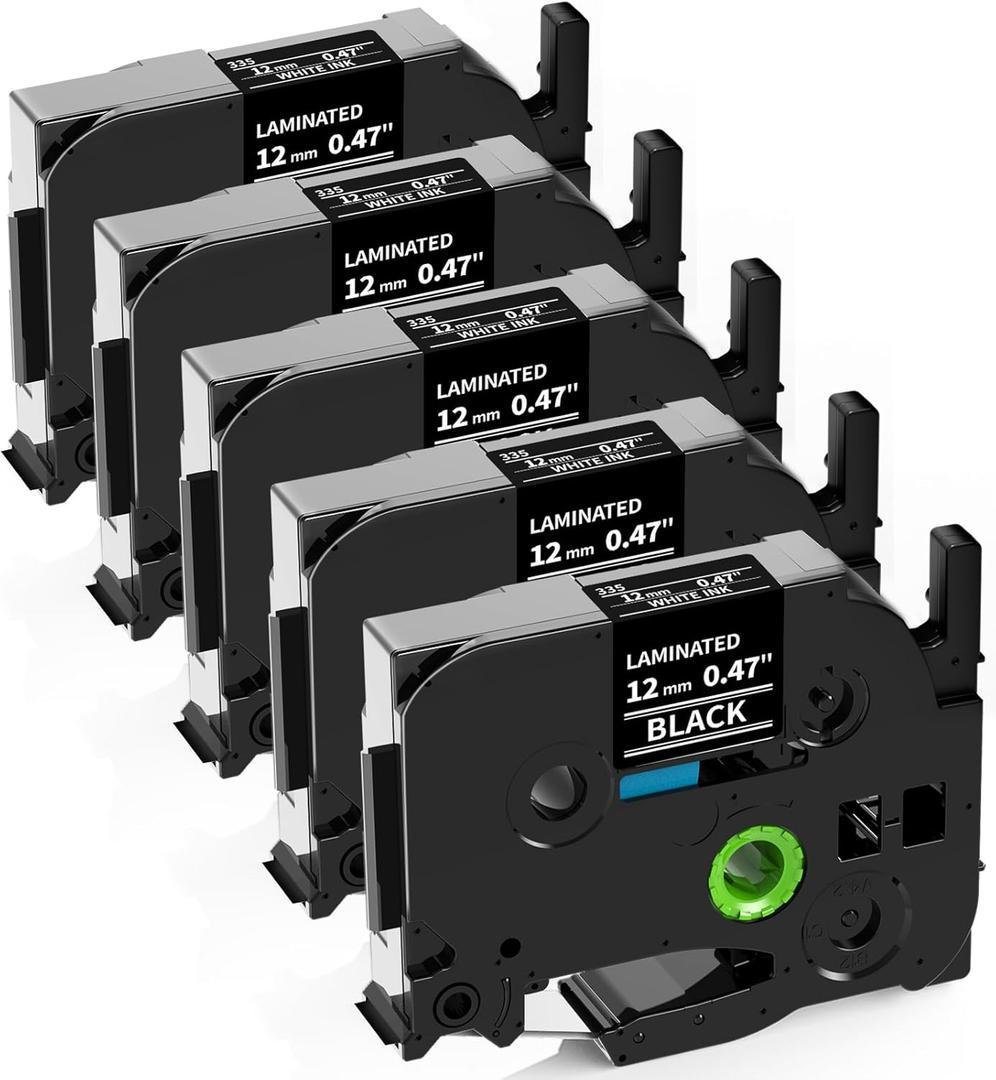 Labelife Black Label Tape TZe-335 Replacement for Brother P Touch Label Maker Tape White on Black TZe TZ Tape 12mm 0.47 Laminated Black Label Tape TZe335 for Brother PT-D220 PT-D210 PT-H110, 5-Pack