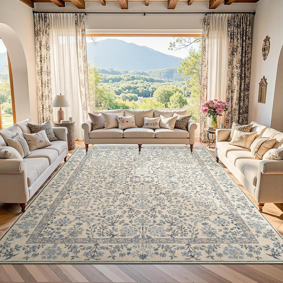 jinchan Zenith Floral 8x10 Area Rug Soft Low-Pile Living Room Rug Machine Washable Non-Slip Vintage Botanical Aesthetic Throw Carpet for Dining Room Bedroom Nursery Blue/Cream