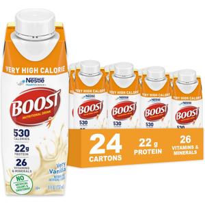 Boost Very High Calorie Vanilla Nutritional Drink 22g Protein, 530 Nutrient Rich Calories, 8 Fl Oz (Pack of 24)(BB: August 10, 2026)