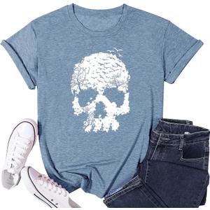 Skull Shirts for Women Gothic Skeleton Print Vintage Graphic Casual Cotton Tops Funny Workout Athletic Shirts (Medium, Ink Blue)