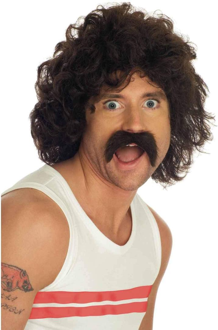 Fun Shack Men's Curly Brown Wig & Moustache Set Adult Costume (One Size, Black)