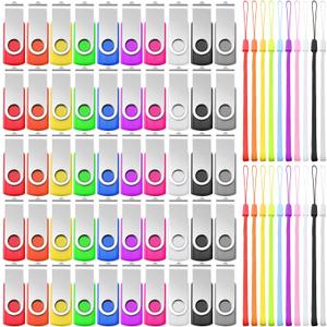 Aoriher 50 Pack 2GB Flash Drives Bulk USB 2.0 Gig Stick USB Flash Memory Storage Device with Lanyard Set Swivel Thumb Gig Stick for Data Storage Backup Transport Migration, Mixed 10 Color