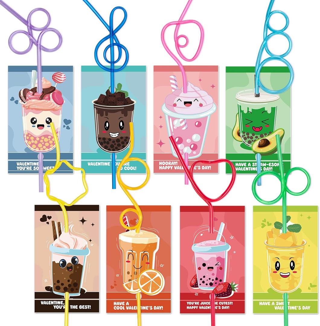 Valentines Day Cards for Kids - 32 Crazy Loop Reusable Drinking Straws with Colorful Cards, Valentine Party Favors for Boys & Girls, Kids Exchange Cards for School Classroom, Ideal Valentine Gifts
