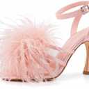 BCTEX COLL Women's Heeled Sandals Fluffy Feather Square Open Toe Ankle Strap Sexy Stiletto High Heels for Wedding Party Dance Evening (8, Pink)
