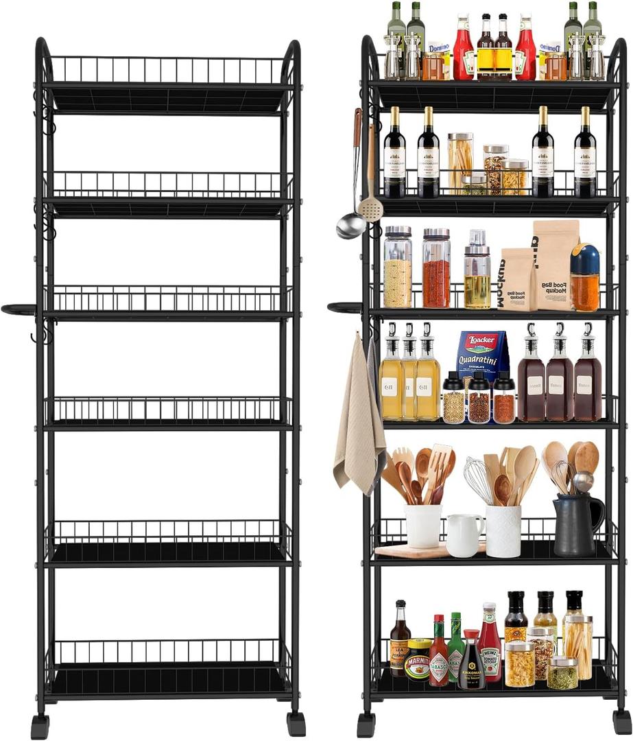6in 6 Tier Slim Storage Cart with Wheels, Narrow Space Rolling Shelving Unit with Handle, Metal Wire Mobile Organizer Rack for Kitchen Bathroom Office Laundry