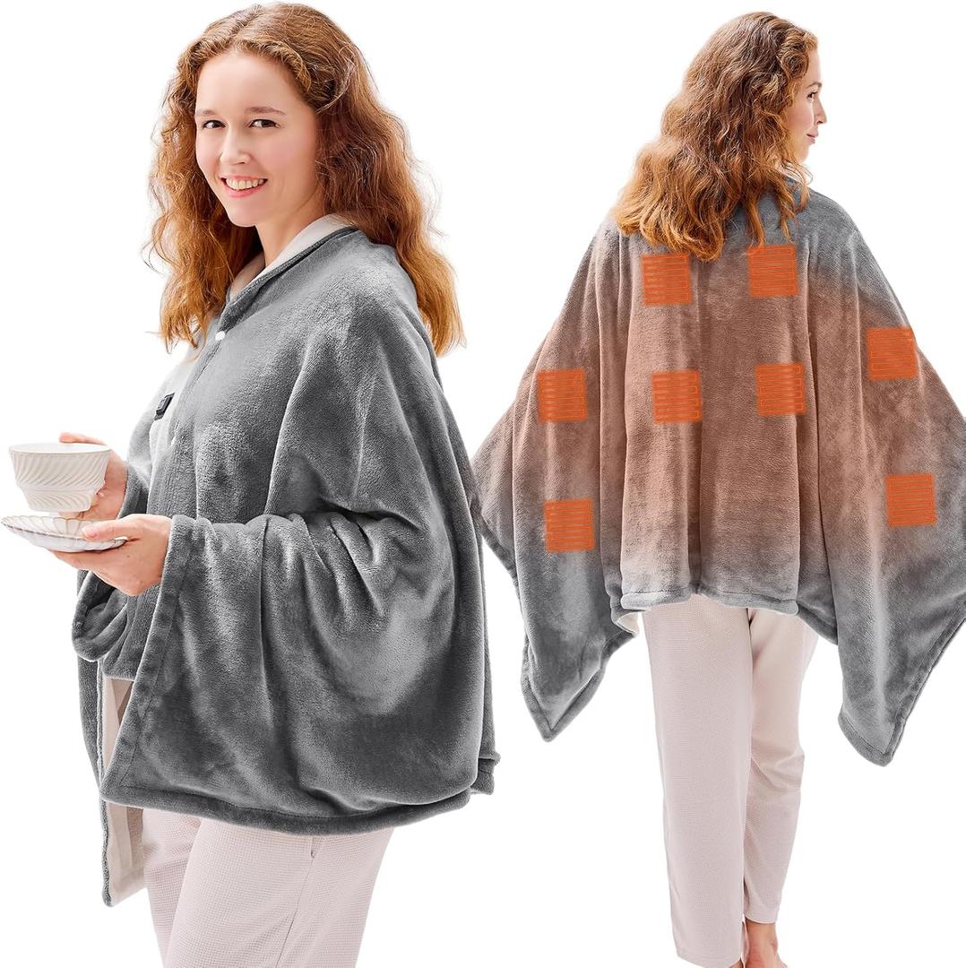JOLLYVOGUE USB Heated Blanket Throw, Wearable & Portable Heating Electric Blanket for Adults, 3 Levels & 8 Heating Zone Shawl for Indoor & Outdoor, Light Grey (Battery Not Included)