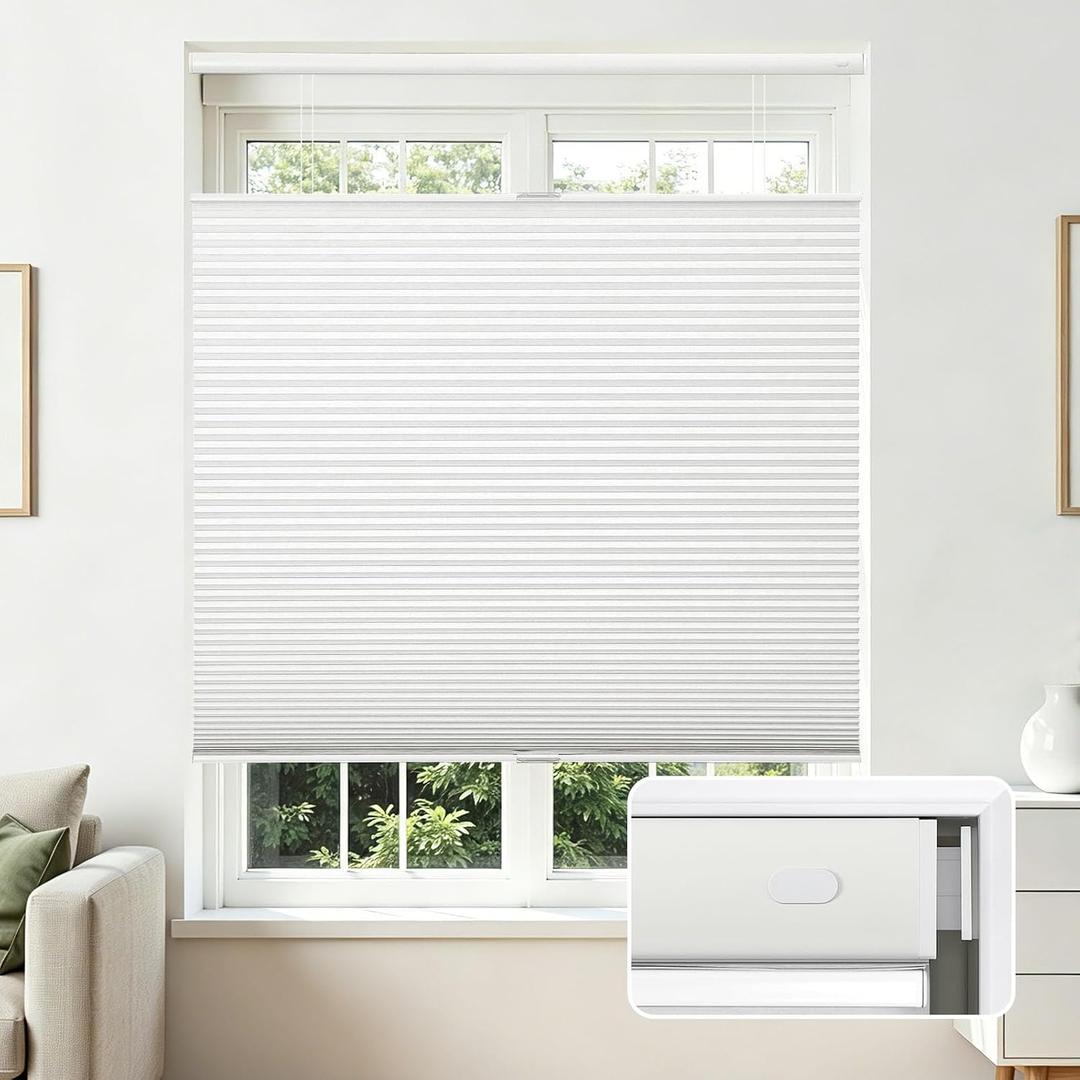 Joydeco No Tools No Drill Blinds for Indoor Windows, Cordless Window Blinds Cellular Shades Top Down Bottom Up Blackout Honeycomb Blinds Thermal Insulated Noise Reduction (White, 17" W x 36" H)