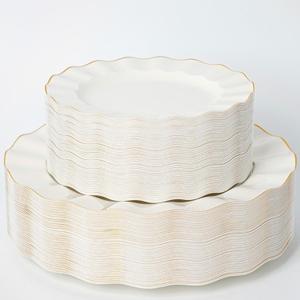 HIGH END 100 Pcs Ivory Wave Plastic Plates with Gold Trim, Fancy Disposable Plate Sets Include 50 Dinner & 50 Dessert Plastic Plates, Elegant Disposable Plate Set For Party, Thanksgiving (50 Guests)