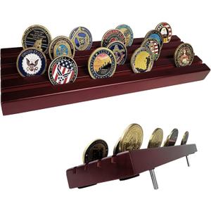 Military Challenge Coins Display Holder Solid Wood,Challenge Coin Stand Holds 30 Coins , 4 Row Military Coin Holder Rack for Desk,Challenge Coin Display Case for Collectors, Red (Large, Mahogany)