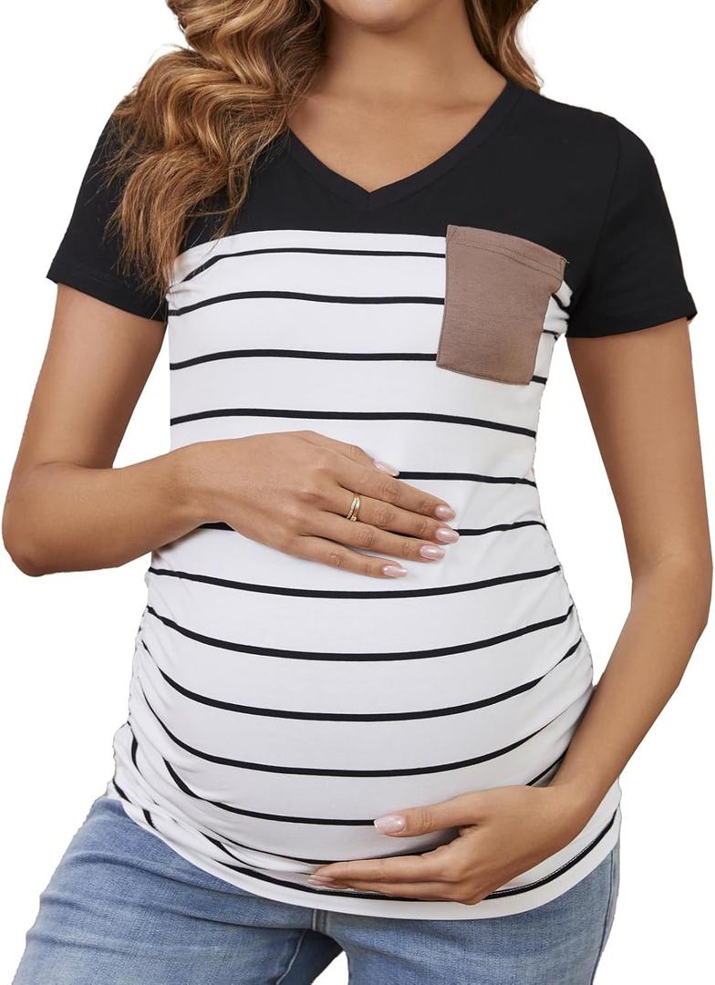 Ecavus Women's Casual Maternity T-Shirts Short Sleeve V Neck Colorblock Maternity Tops with Pocket (X-Large)