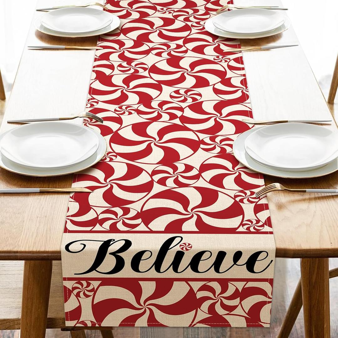 Christmas Peppermint Candy Table Runner, Red Xmas Believe Kitchen Dining Table Decoration, Winter Burlap Indoor Outdoor Home Decor Holiday Party Supply 13 x 72 Inches