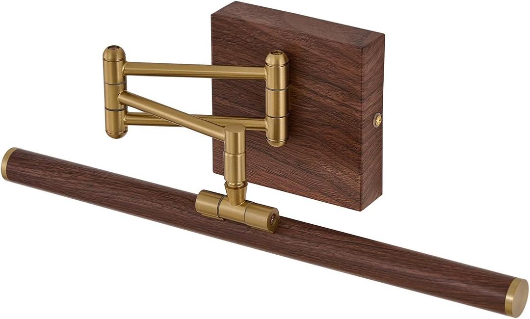 Modern Hard-Wired Picture Light, Wall Mounted Swing Arm Art Light with Adjustable Arms, Brass Finish & Walnut Wood Accent, Dimmable Gallery Lighting for Paintings, Mirrors, Artwork