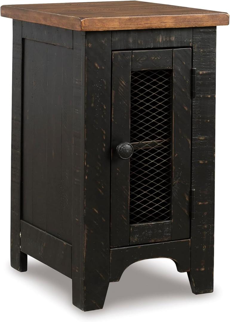 Signature Design by Ashley Valebeck Rustic Farmhouse Chair Side End Table with Cabinet Door, Distressed Black