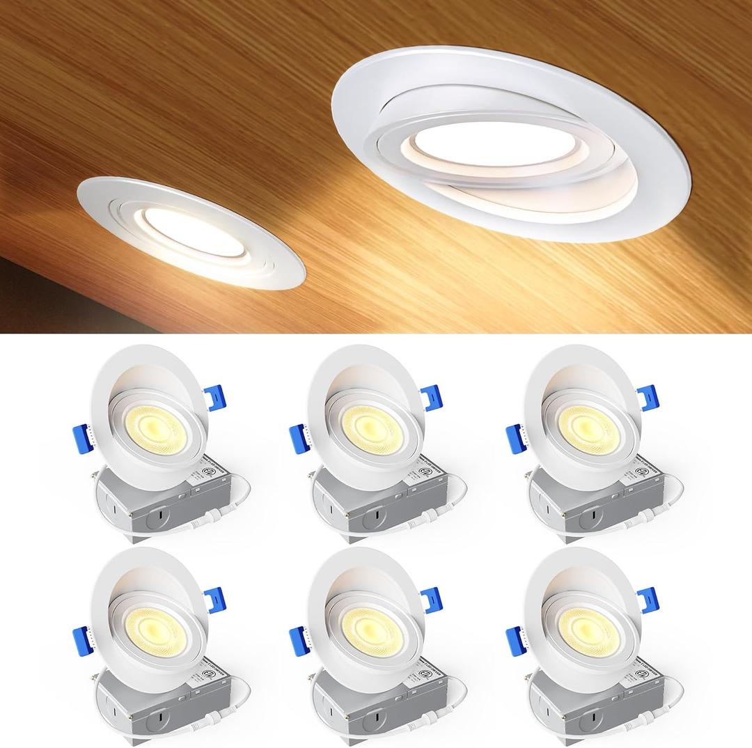 Ensenior 6 Pack 4 inch 5CCT LED Gimbal Led Recessed Light with Junction Box, 360+90 Adjustable Directional Eyeball Lighting, Dimmable, 2700K/3000K/3500K/4000K/5000K, 900LM, 9W=85W, 120V-ETL&FCC