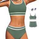 Girls Swimsuits 3 Piece Bathing Suit Bikini Set with Sporty Shorts and Sunglasses Beach Swimwear for Girl Size: 12-13 Years (Army Green)