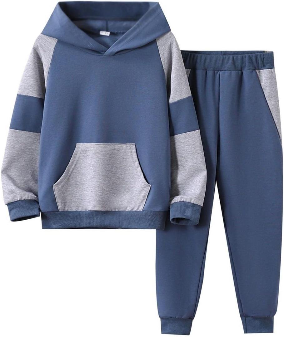 5-11Y Boys Clothes Long Sleeve Hooded Pullover Colorblock Sweatshirt + Pants 2pcs Fall Winter Outfit Set (13-14Y, Z:blue)