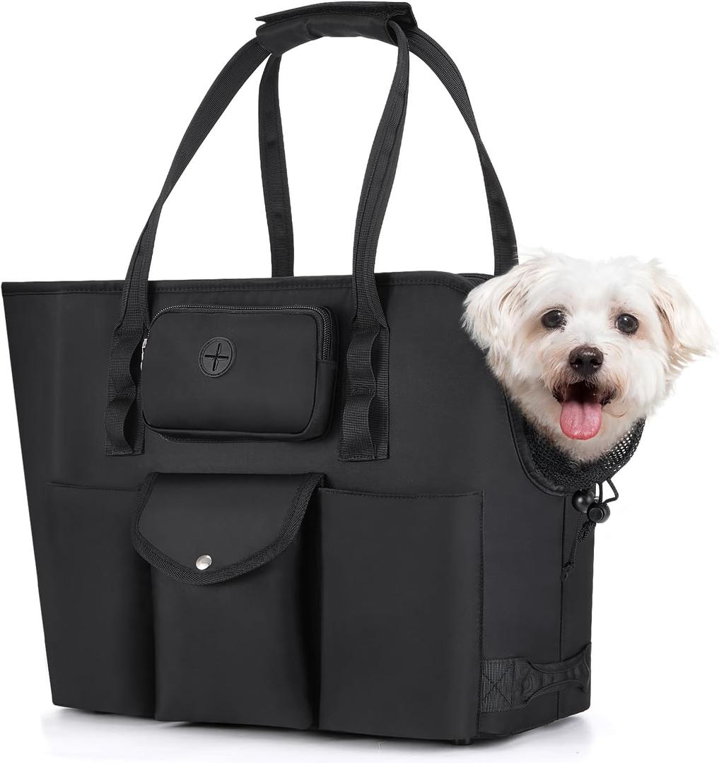 SlowTon Dog Purse Carrier - Portable Dog Carrier with Pockets & Safety Leash for Small Dogs Under 12 lbs, Breathable Pet Tote Bag for Cat Rabbit Outing, Travel, Vet (Black)
