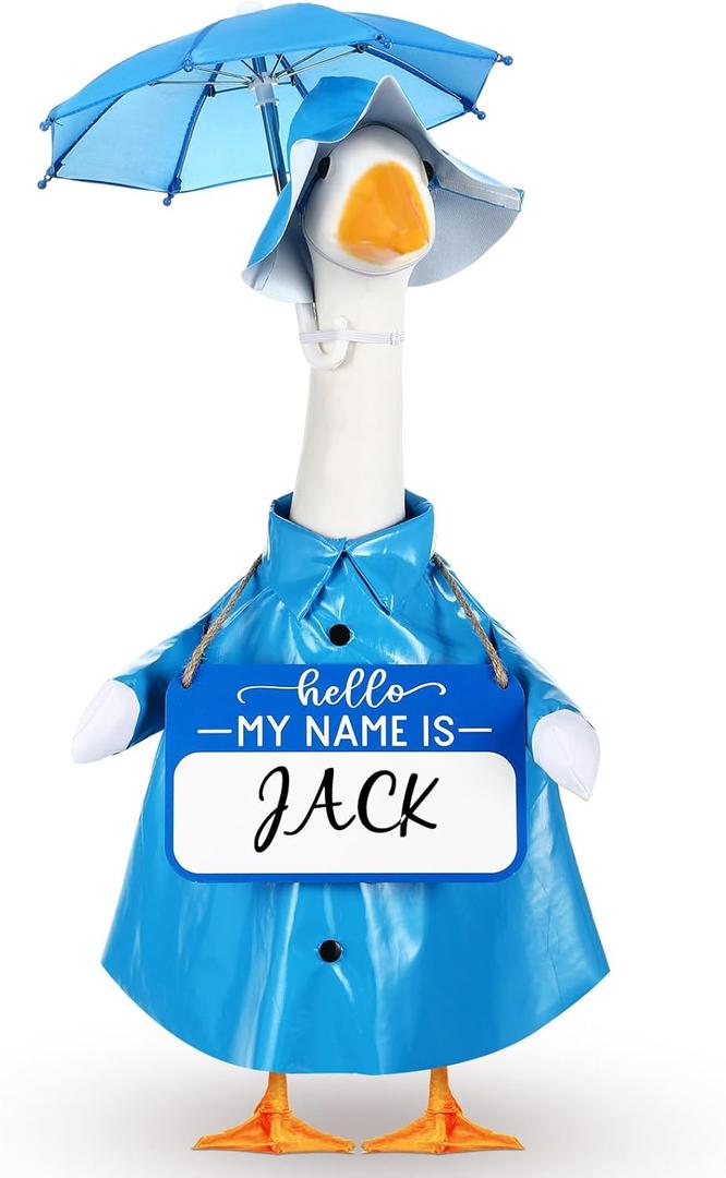 3 Pcs Raincoat Porch Goose Outfit Winter Raincoat Umbrella with Name Wooden Sign for Lawn Cement 23" Goose Statue Clothes Outdoor Patio Yard Lawn Decoration(Blue)