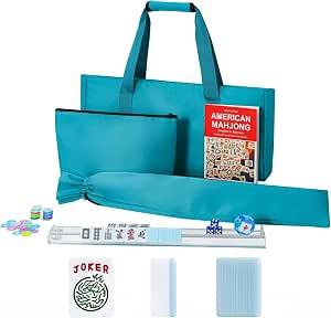 GUSTARIA American Mahjong Game Set, 166 Blue Tiles, Blue Bag and Accessories, 4 All-in-One Transparent Rack/Pushers, Mahjong Tile Set