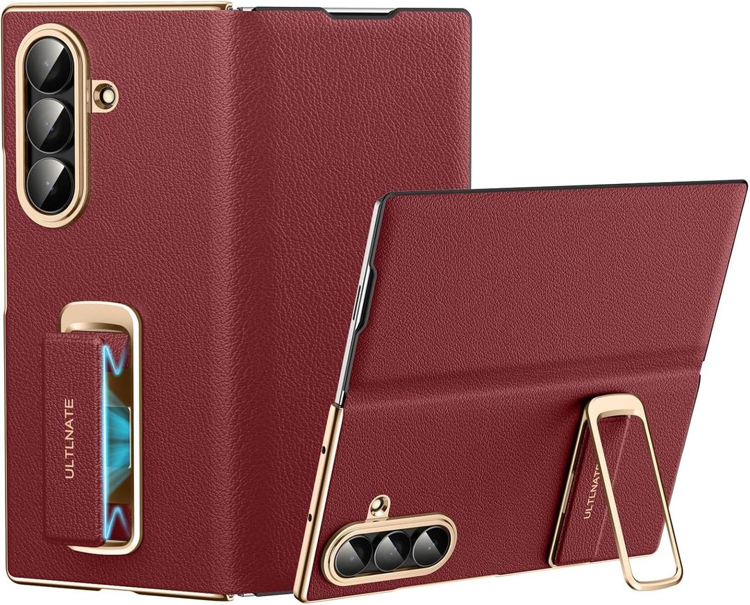 Magnetic Leather Case for Samsung Galaxy Z Fold 7 with Rotating Kickstand & Wrist Strap, Premium Vegan Leather & Full Hinge Camera Protection, All-Around Shockproof Protection Cover, Red