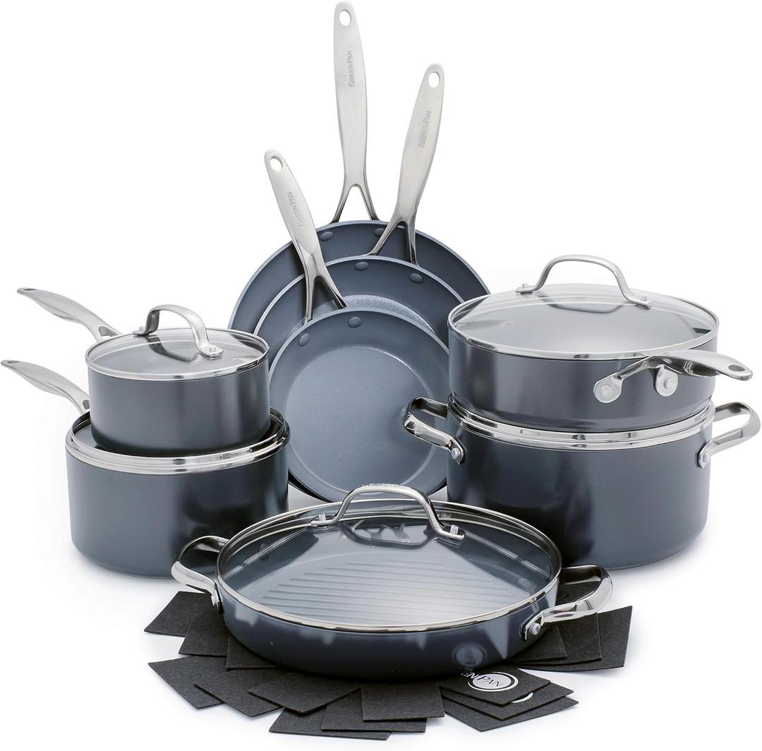 GreenPan Valencia Pro Ceramic Nonstick 16 Piece Cookware Set, Hard Anodized PFAS-Free Pots & Pans, Induction Ready, Compatible on All Cooktops, Dishwasher Safe, Oven Safe to 600F, Gray