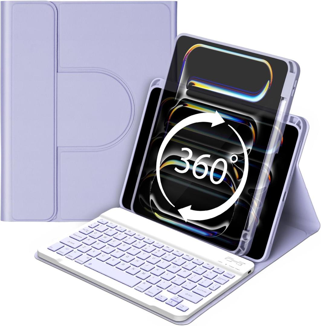 GOOJODOQ for iPad Pro 11 Inch Case with Keyboard (M4, 2024),360 Rotating Case and Magnetic Detachable Keyboard with Pencil Holder,Portrait/Landscape Modes,Auto Sleep/Wake for 11" iPad Pro 2024-Purple
