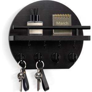 Nekon Key Holder for Wall - 9.8 Inch Apartment Wall Decor with Shelf and 8 Key Hooks, Circular Wood Key Hanger for Home Decor (Black)