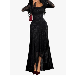 GothDark Womens Lace Maxi Dress Bodycon Square Neck Floral Sheer Ruffle Sleeves High Low Mermaid Elegant Evening Party Outfit, L