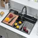 30 Inch Black Waterfall Kitchen Sink with Pull-Out Faucet Combo- Wesliv 30x18 Waterfall Sink Black Digital Display Smart Honeycomb Kitchen Sinks Deep Single Bowl with Accessories, 30"x18"x9"