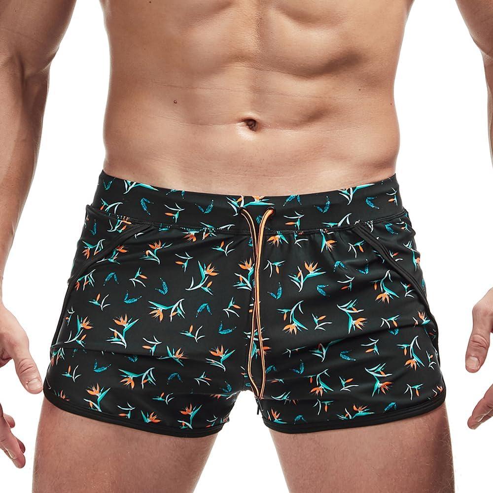 AIMPACT Mens Short Swim Trunks Quick Dry Beach Board Shorts 80s 90s Summer Vintage Swimwear with Lining Swimming Suits (Small, A-flower Print)