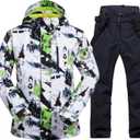 Mens Ski Jacket and Pants Set Ski Suit Winter Waterproof Windproof Hooded Snow Coat 2 Pieces Snowboarding Snowsuits (Large, White Green)