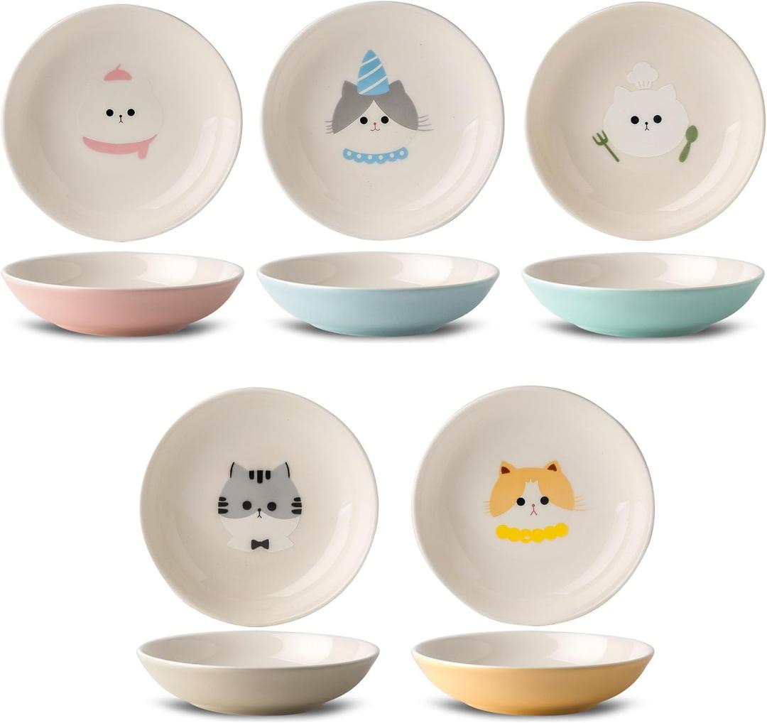 Ceramic Cat Bowls Set - 5.7 inch Wide Cat Food Bowls Whisker Fatigue Friendly, 5 Colorful Kitten Dish Plates with Cute Pattern for Wet and Dry Food Water