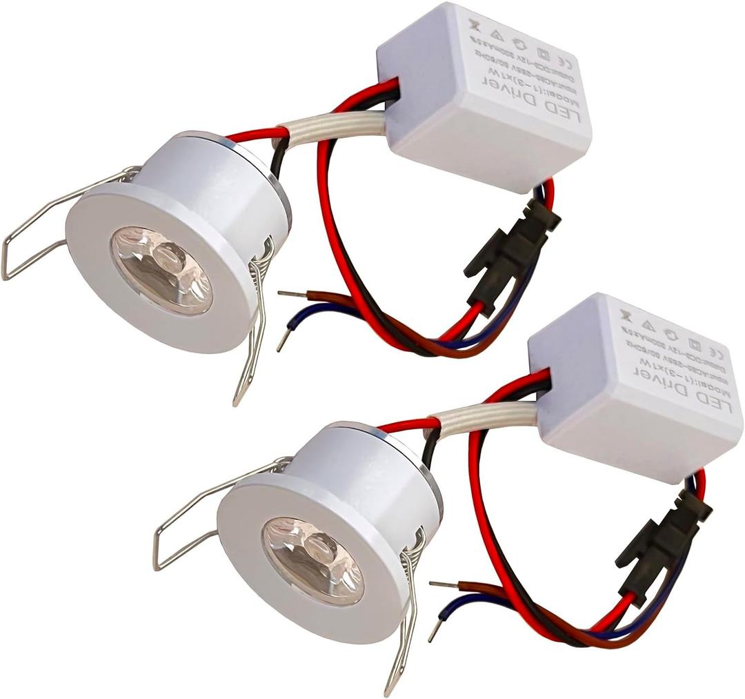 2Pack 1W Mini Spotlights Indoor Recessed Ceiling Showcase Display Under-Cabinet Lights Fixture with AC 110V/220V to DC 3-12V LED Driver Power Supply 3000K Warm-White Lighting White-Shell