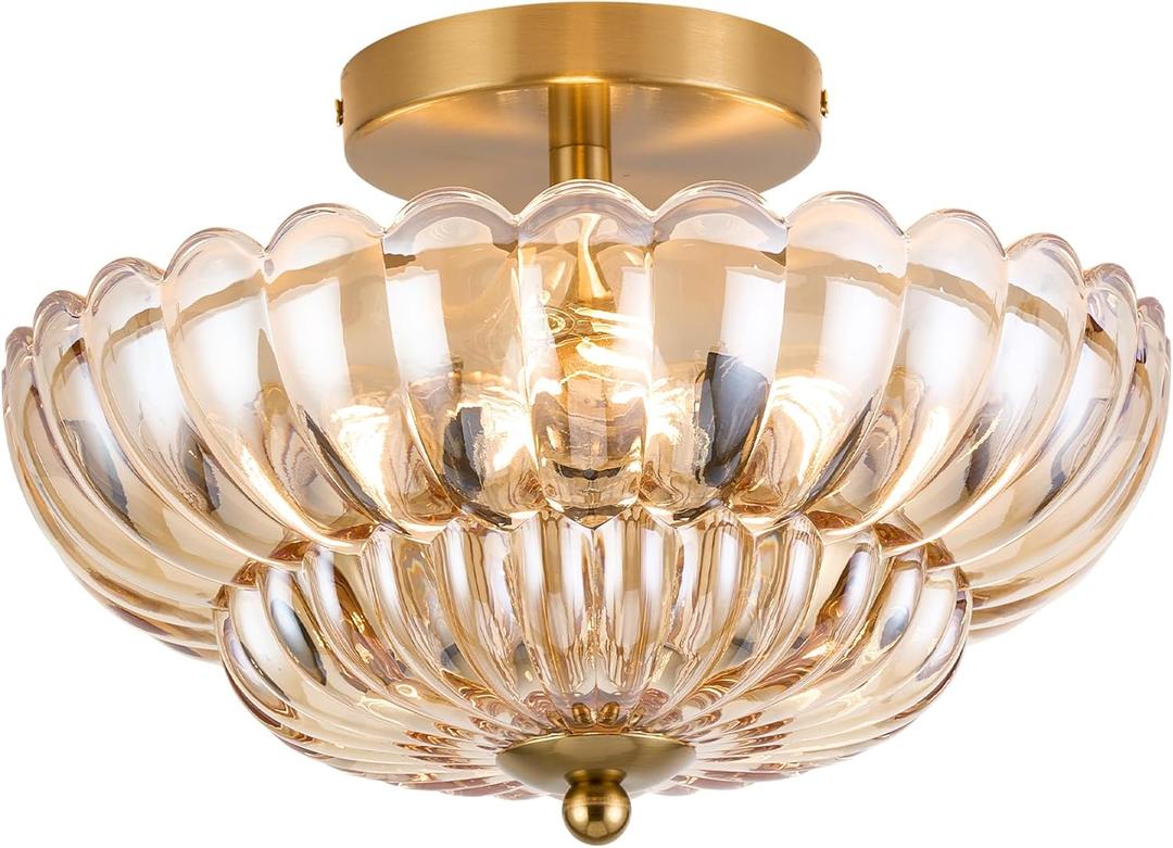 11.8 inch Semi Flush Mount Ceiling Light, 3-Light Close to Ceiling Light Fixtures with Flower Glass, Vintage Ceiling Lights for Hallway Living Room Kitchen Bedroom Bathroom, Amber