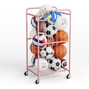 Olldide 43-Inch Large Ball Storage Basket with Wheels, Rolling Cart Sports Equipment Garage Organizer with Elastic Rope for Easy Access, Holder for Basketball, Soccer, Volleyball, Football