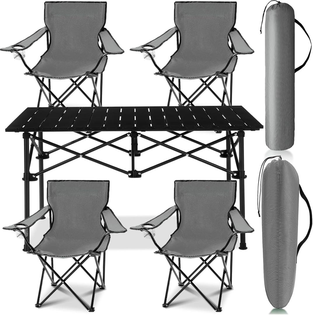 5 Pcs Summer Portable Camping Chair and Folding Camping Table Set Outdoor Oxford Fabric Folding Chair Lawn Portable Camp Table with Cup Holder Carry Bag for Travel Fishing Sport(Gray) (Grey)