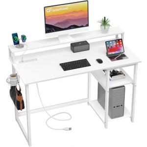 GreenForest 40 inch Computer Desk with Power Outlets, Small Home Office Desk with Ergonomic Monitor Stand, Reversible Gaming Desk, Modern Study Desk, Laptop Desk, Pure White