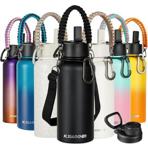 KXIAOCHEN Insulated Water Bottle, Stainless Steel Water Bottle, 2 Lids (Straw and Handle Lid),Wide Mouth Metal Water Bottles Keep Hot and Cold, Double Walled, Thermo Mug, Metal Canteen (Black)