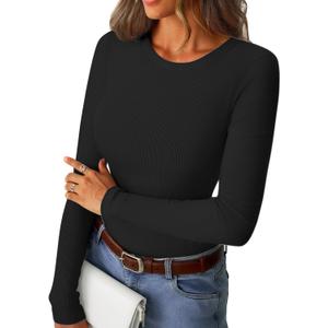 GKBK Womens Long Sleeve Shirts Ribbed Slim Fit Tops Tight Casual Crewneck Basic Tee 2026 Spring Fall Clothes Outfits Trendy (Black, S)