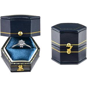 TAIMY Classical Victorian Style Wedding Tiny Ring Box, Handcrafted Gift Ring Box Proposal Pocket Size Small Keepsake Jewelry Box (Blue, Hexagon)