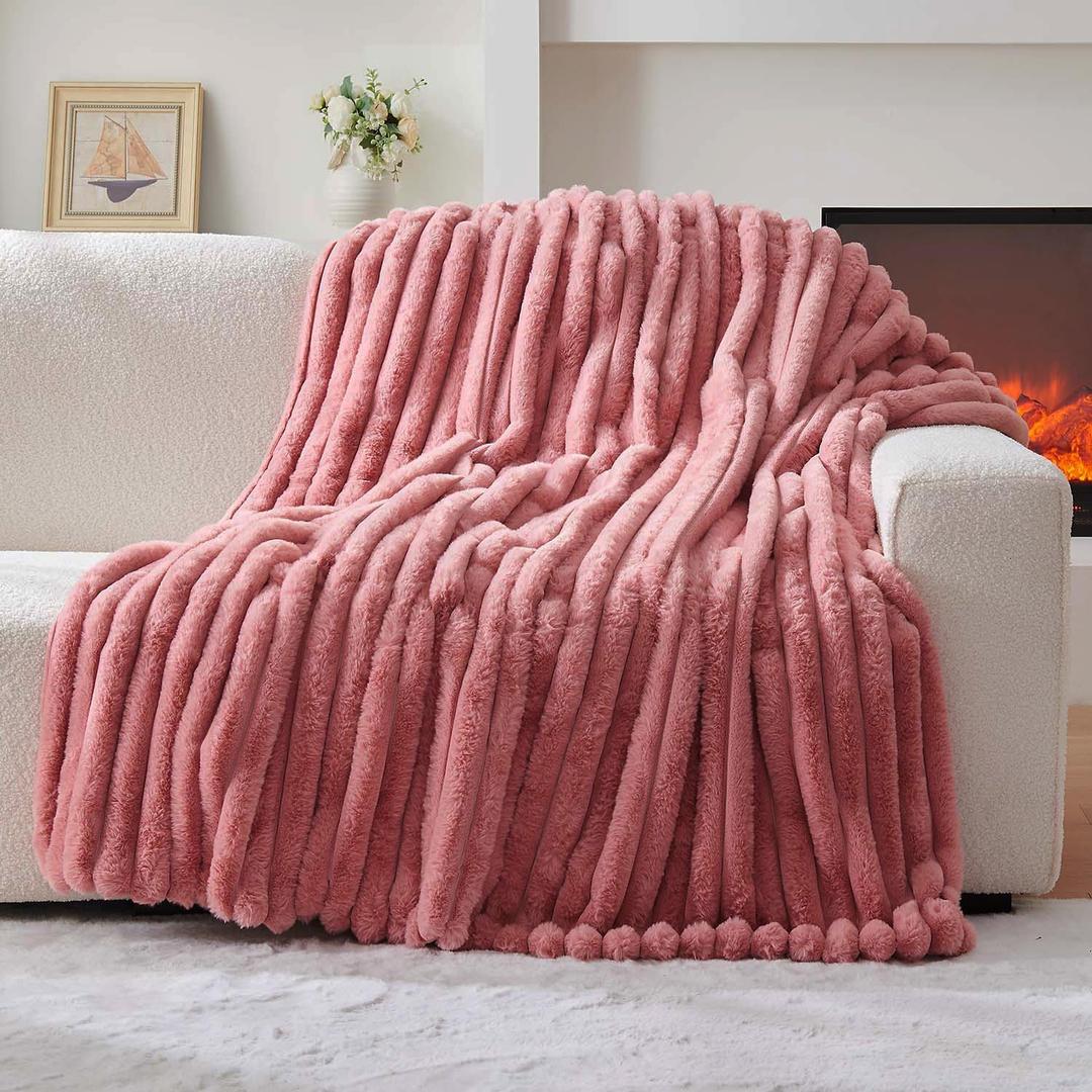 Lotus Karen Faux Fur Twin Blanket for Couch, Cozy Soft Fluffy Fuzzy Pink Blanket, Striped Warm Thick Furry Plush Shaggy Small Blankets for Women, 60x80 Inches