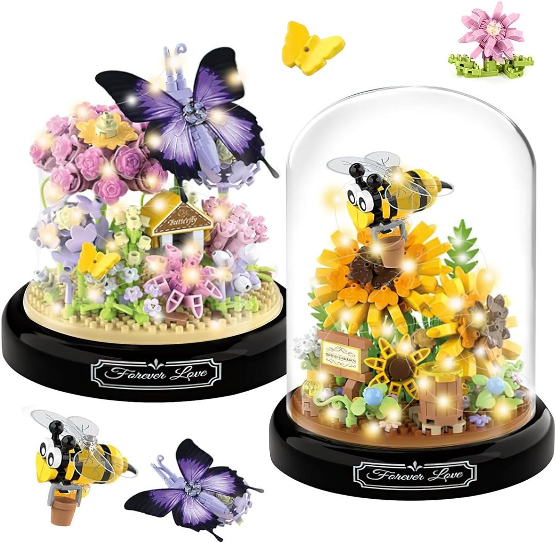 VZZNN 2 Pack Flower Bouquet Building Sets with LED Lighting,Animals Flowers Botanical Collection Mini Building Blocks Set, Valentine's Day for Her Mom Women Wife Girlfriend(Bee,Butterfly)