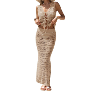 Fisoew Womens Summer Crochet Swim Cover Up 2 Piece Sleeveless Front Tie Crop Tops Beach Maxi Skirt Boho Coverup Set S