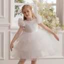 KAQININI Flower Girl Dress Ruffle Sleeve Layered Rainbow Holiday Fancy Satin Tulle Elegant Party Formal Communion Gown (White)