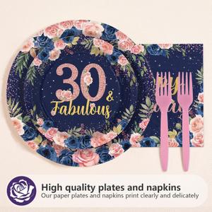 96Pcs 30th Birthday Party Decorations for Womens Navy Blue Rose Gold Floral 30th Birthday Plates and Napkins Sets for Women Girls Back in 1995 Cheers to 30 Years Old Party Supplies Serves 24