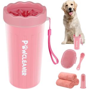 Professional 7 in 1 Dog Paw Cleaner for Dogs - Includes 1 Portable Paw Washer, 1 Bath Brush, 2 Dog Toothbrushes and 3 Absorbent Towels Note: Fits Paws 2.5 to 3.5 Inches Wide (Large, Light Pink)