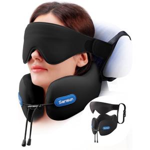Neck Pillow Airplane,Travel Pillow with Strap,Combo 3D Eye Mask for Sleep,Dual-Density Supportive Foam Travel Neck Pillow for Airplane Flights,Car Road Trip Travel Essentials Black