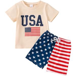 Tinypainter Toddler Boy 4th of July Outfit Short Sleeve T-shirt Top+American Flag Shorts Boy Independence Day Clothes(USA Beige, 7-8Y)